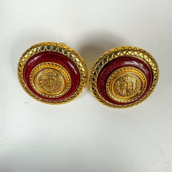 Liz Claiborne Gold-Tone Crest Red Enamel Etruscan Pierced Earrings - Picture 2 of 4